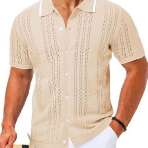 Men's Beige Short-Sleeve Knit Button-Down Shirt